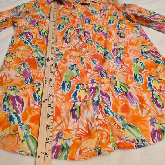 J.McLaughlin Parrot Print Button Down Shirt Sz S Tropical Orange Coastal Resort - Picture 6 of 8